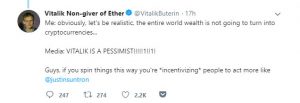 Webitcoin: Vitalik Buterin esclarece seu comentário sobre o crescimento massivo das criptomoedas e zomba das críticas