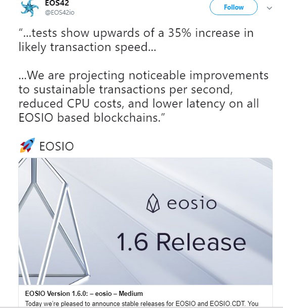 Webitcoin: EOS lança novo update, alega que a velocidade das transações aumentará em 35%