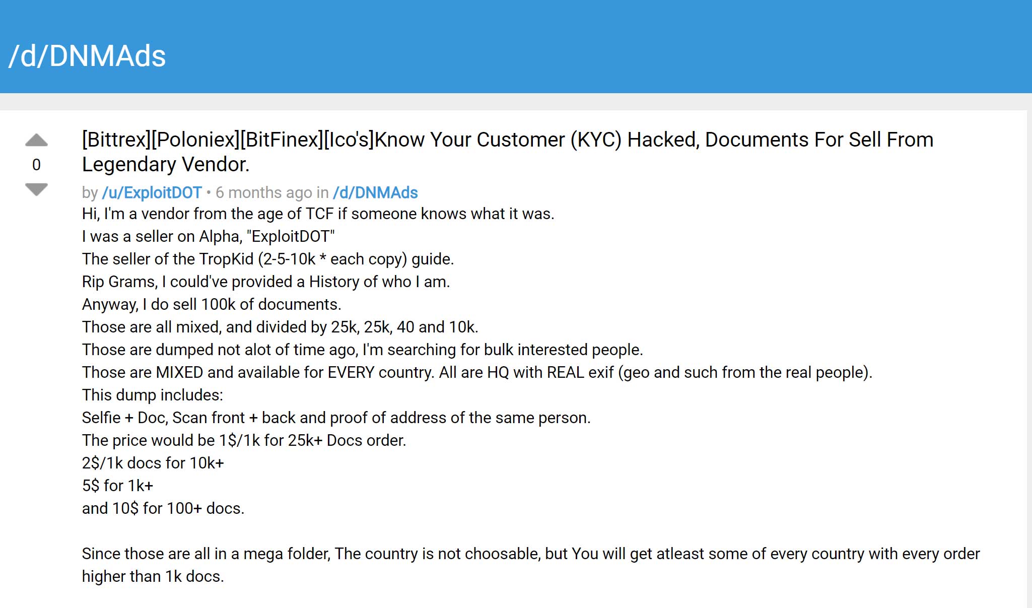 Webitcoin: Hacker supostamente está vendendo dados de KYC de grandes exchanges na Darkweb