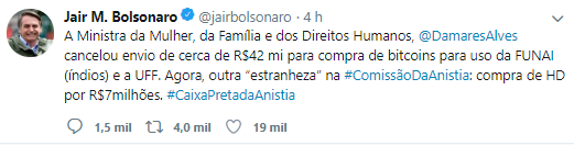 WeBitcoin: Presidente da República Jair Bolsonaro menciona o Bitcoin em seu perfil no Twitter