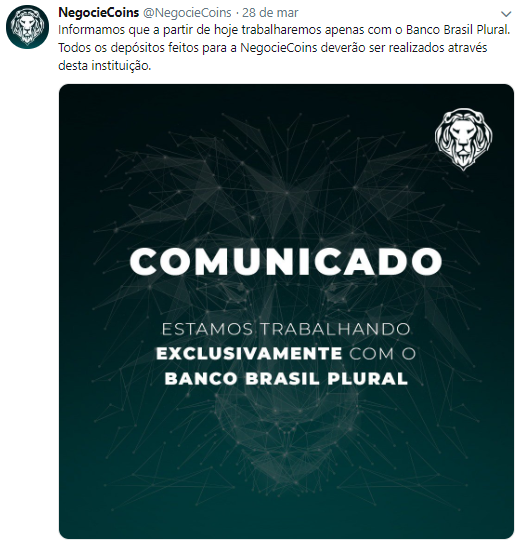 WeBitcoin: Exchange NegocieCoins anuncia que irá trabalhar apenas com o Banco Brasil Plural