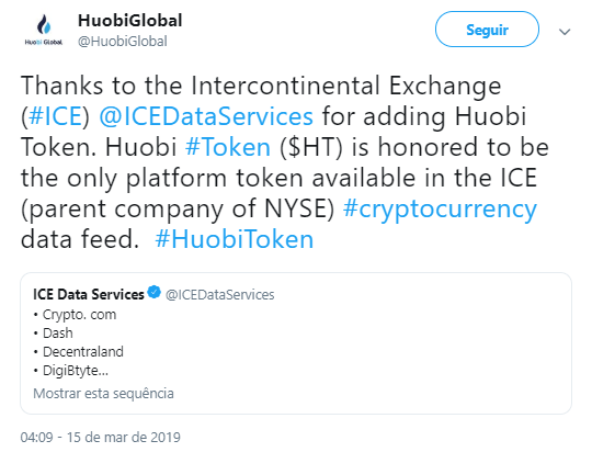 WeBitcoin: Huobi Token (HT) se torna o primeiro token de plataforma a ser disponibilizado na ICE