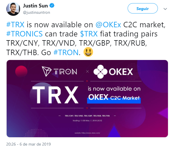 WeBitcoin: Exchange OKEx disponibiliza TRON em seu mercado C2C