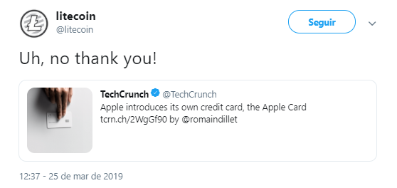 WeBitcoin: "Não, obrigado": Twitter da Litecoin realiza comentário sobre o Apple Card, novo lançamento da Apple