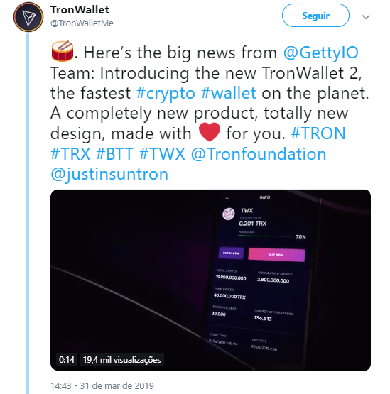 WeBitcoin: TRON anuncia projeto da TronWallet 2, a "carteira de criptomoedas mais rápida do planeta"