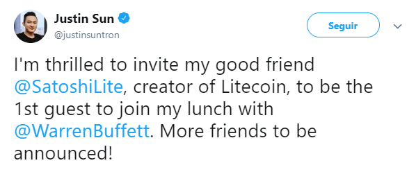 WeBitcoin: CEO da TRON convida criador da Litecoin para almoço com Warren Buffett